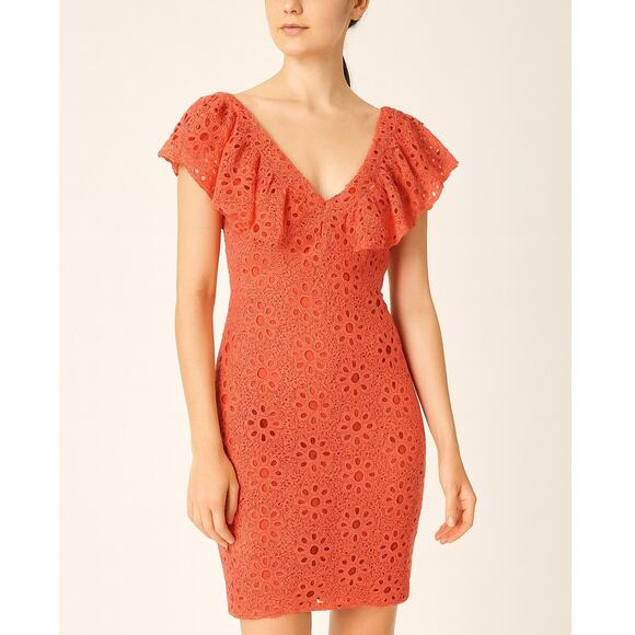 Trina Turk Neriah Coral Eyelet Lace Ruffle Mini Dress 2 - Picture 1 of 8